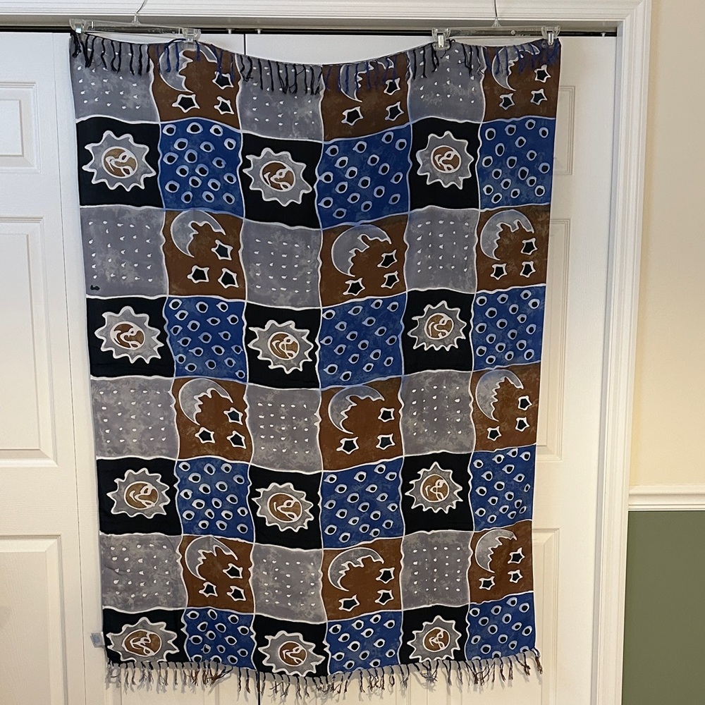 44x60” Fringed Blue and Brown Block Patterned Scarf Sarong Pareo Wrap Cover-up